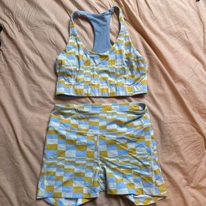 Outdoor Voices Yellow and Blue Checkered Athletic Shorts Set